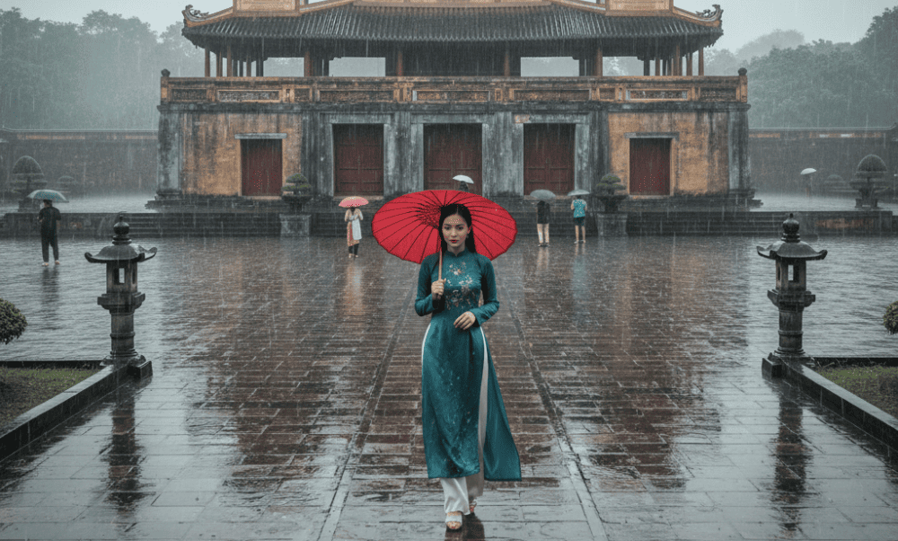 An umbrella is an accessory associated with the rainy season in Vietnam